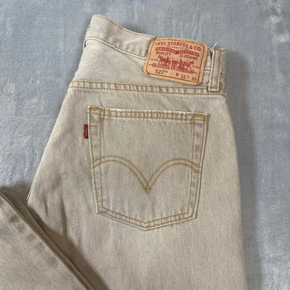 Levis Jeans Mens 32x30 527 Low Boot Cut Tan Khaki Faded Distressed Y2K Skater - Picture 7 of 8